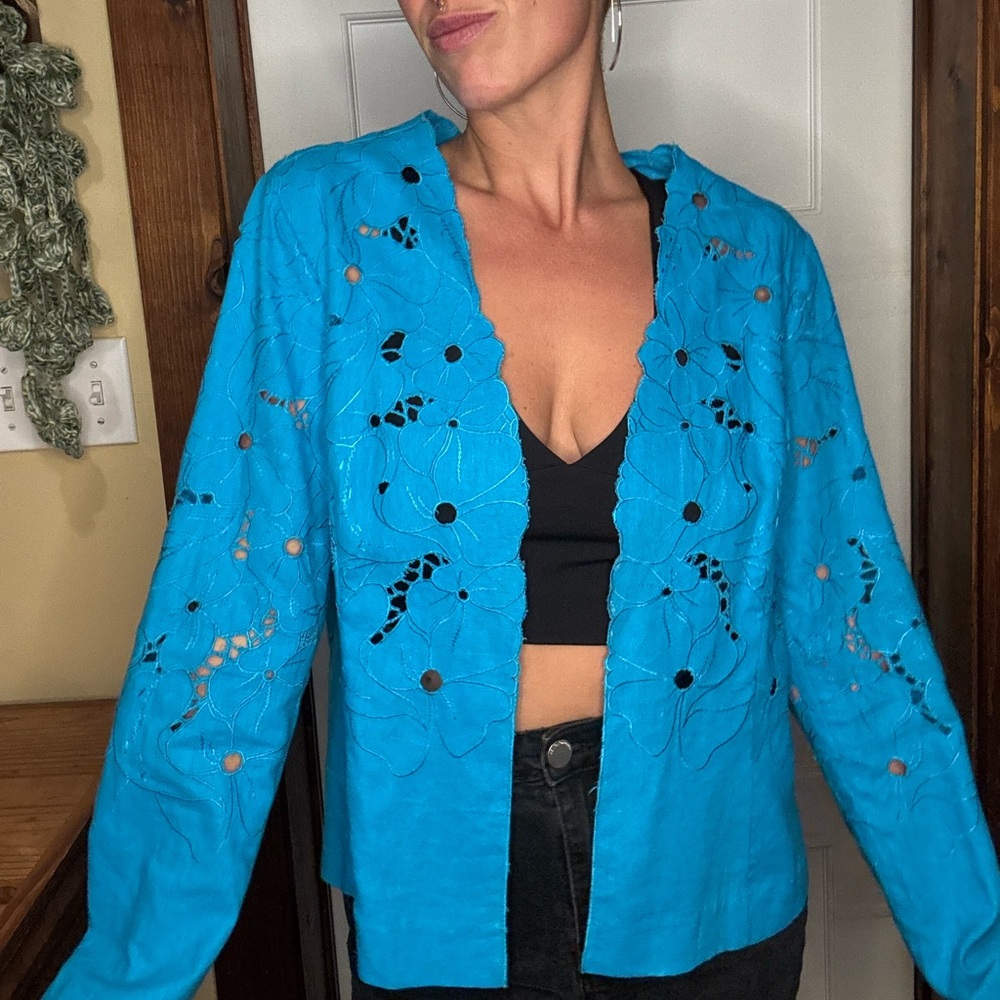 Teal floral cut-out linen long sleeve open front top